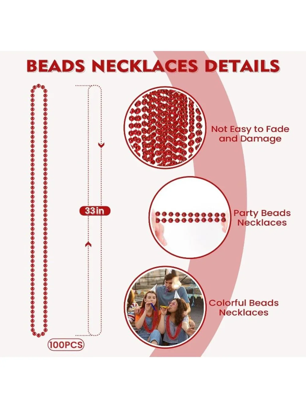 100PCS Red Mardi Gras Bead Necklaces 33